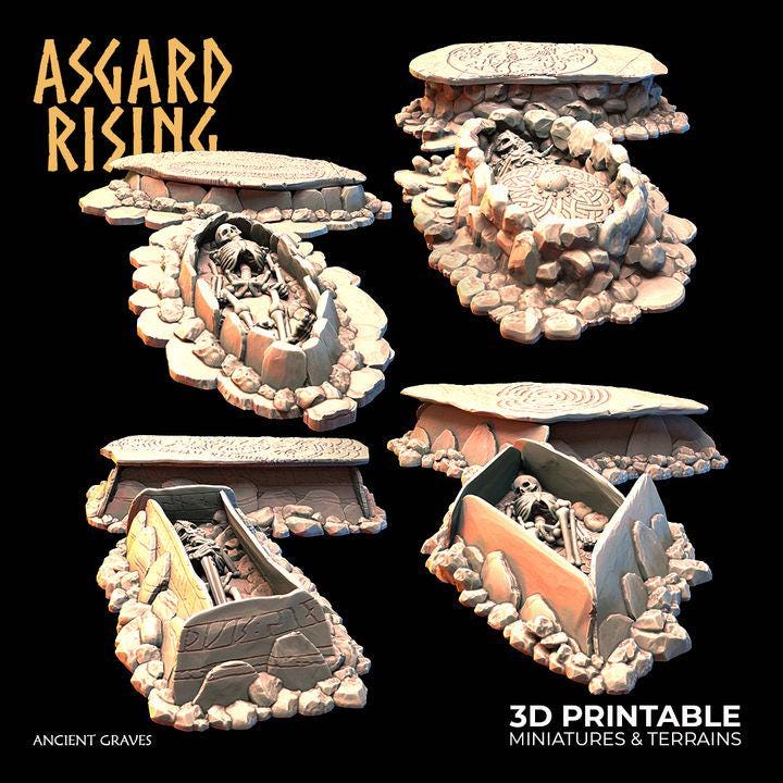 28mm Ancient Graves Resin Terrain | Choose 1 Grave or 4-Piece Set | Fantasy Cemetery Scatter | Asgard Rising