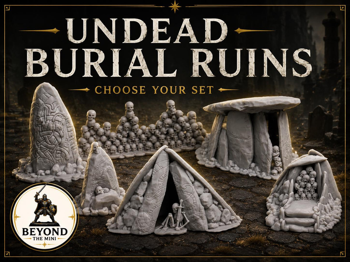 Undead Stone Burial Ruins Terrain Set with Tomb Entrance, Runestones, and Skull Piles