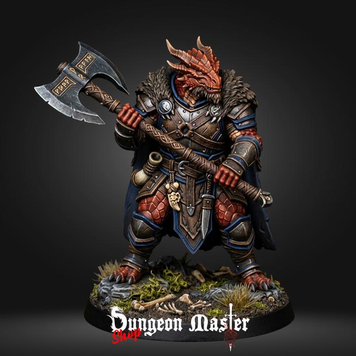 Dragonborn Warrior Miniature Runeblade Warden  Dragon Fighter with Axe & Shield  Fantasy RPG Tabletop Figure
