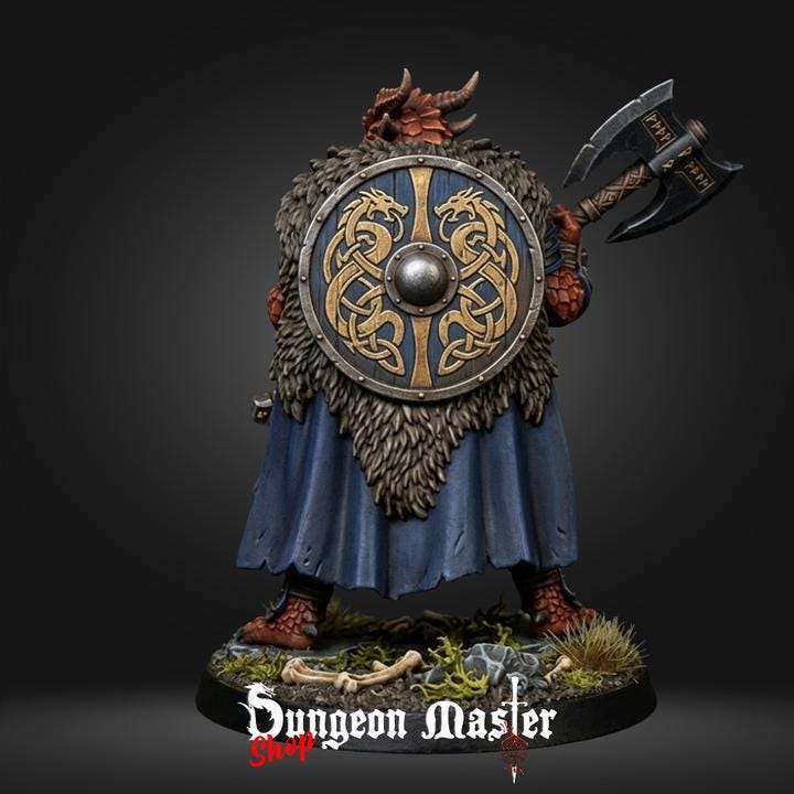 Dragonborn Warrior Miniature Runeblade Warden  Dragon Fighter with Axe & Shield  Fantasy RPG Tabletop Figure