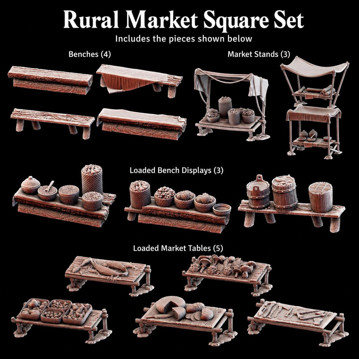 Medieval Market Stalls, Vendor Tables, Fantasy Village Scatter, 32mm Wargaming Scenery
