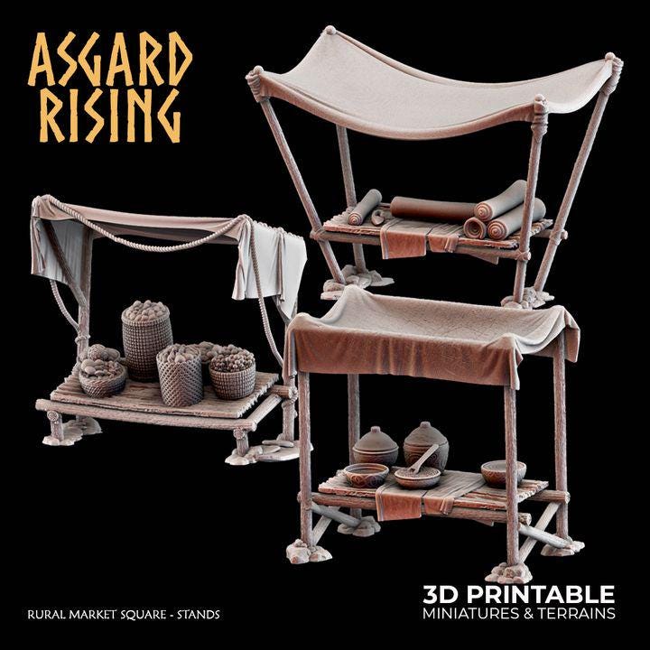 Medieval Market Stalls, Vendor Tables, Fantasy Village Scatter, 32mm Wargaming Scenery