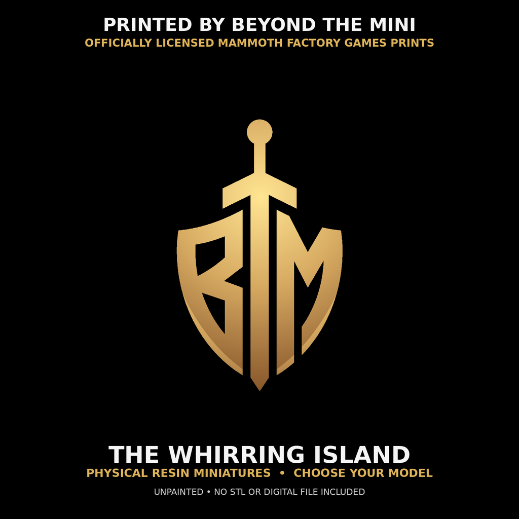 The Whirring Island physical resin miniatures printed by Beyond the Mini under Mammoth Factory Games commercial license